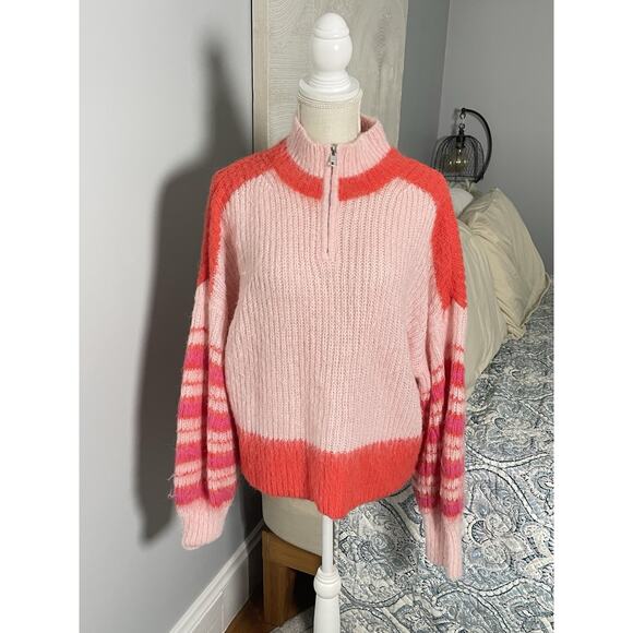 French Connection Sweaters - French Connection Nika Half Zip Sweater L Pink Red Striped Cozy Y2K Colorblock